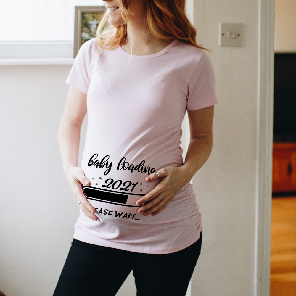 Zipper Baby Loading Women Pregnant Funny T Shirt Girl Maternity Pregnancy Announcement Shirt New Mom Cloth