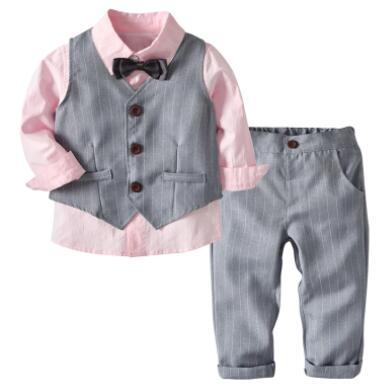Kid Boy Clothes Gentleman Grey Vest + Long-Sleeved White Pink Shirt + Pants Four-Piece Suits Infant Children Outfits KB8088