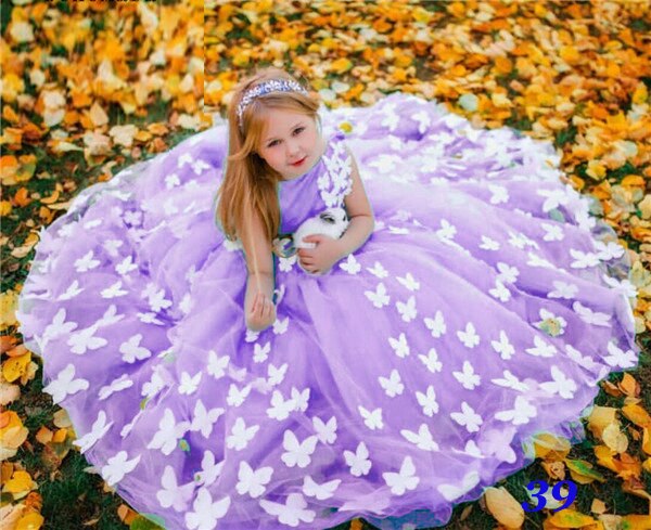 Lilac Tulle Butterfly Ball Gown Beads Princess Flower Girl Dresses Birthday Pageant Communion Robe De Demoiselle Baby Party