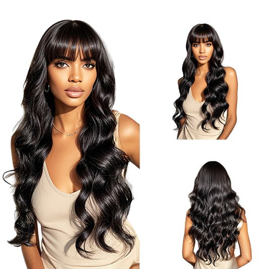 Woman with long, wavy black hair styled with bangs, shown from different angles.