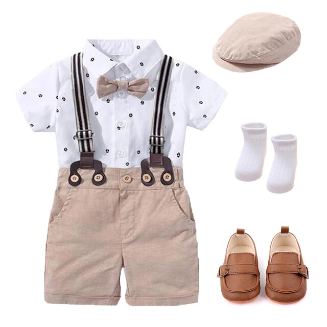 Newborn Suit Baby Boy Romper Clothing Set Handsome Bow 1th Birthday Gift Hat Printed Rompers Belt Infant Children Outfit Clothes