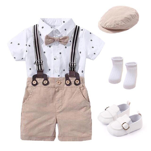 Newborn Suit Baby Boy Romper Clothing Set Handsome Bow 1th Birthday Gift Hat Printed Rompers Belt Infant Children Outfit Clothes