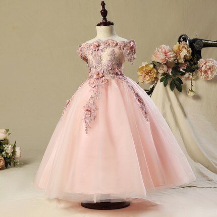 Off Shoulder first communion dresses for girls Vestido Daminha Casamento Luxury Ball Gown Pink Organza Flower Girl Dresses