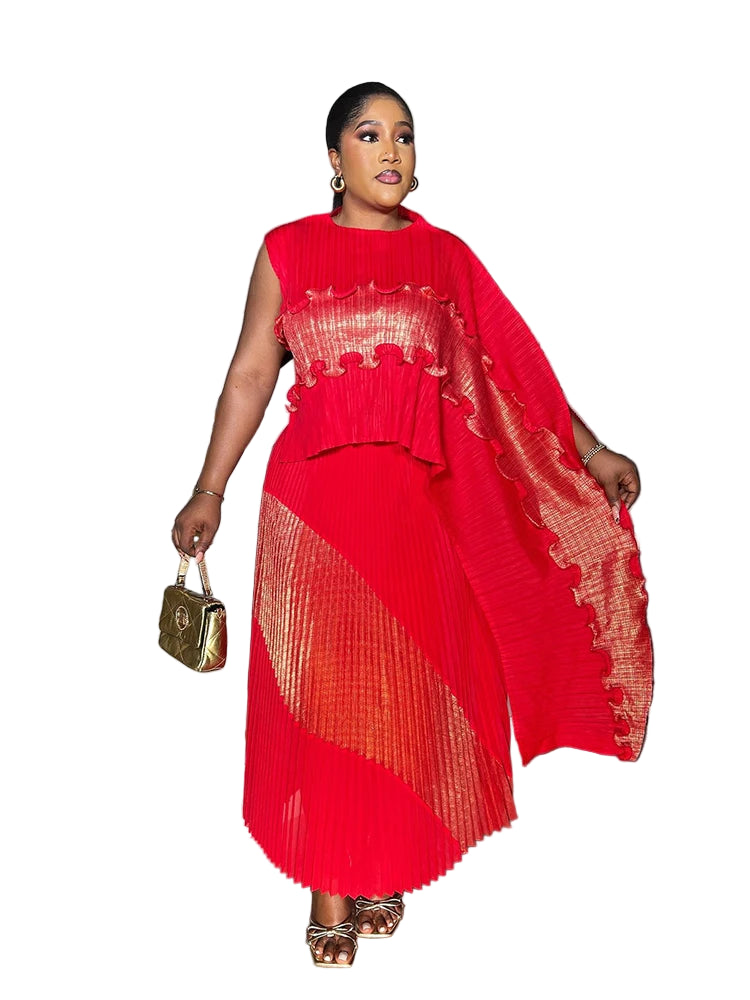 Elegant Pleated Shawl Top & Long Skirt Set