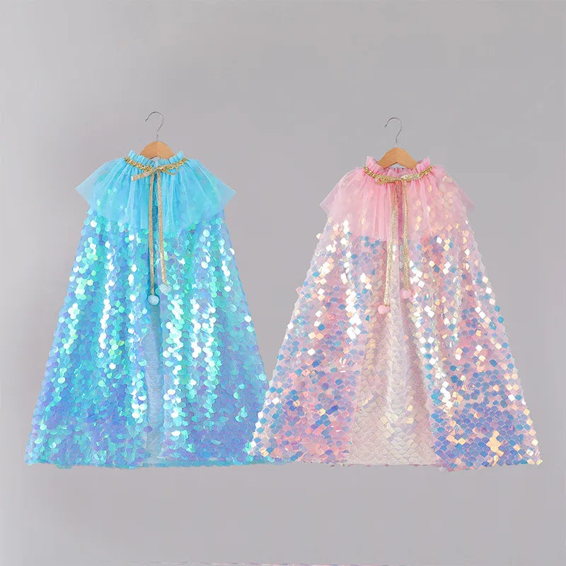Girls Little Mermaid Cloak Children Cloak Kids Shiny Bright Party Costume Girl Dress up