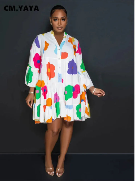 Women Floral Printed Lantern Long Sleeve Single Breasted Loose Shirt Style Babydoll Dress