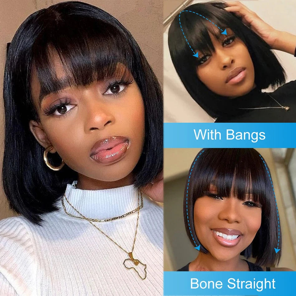 3X1 Middle Part Lace Wig Bob Wigs Full Machine Made Bone Straight Human Hair Wigs With Bangs Short Bob Human Hair Wigs For Women