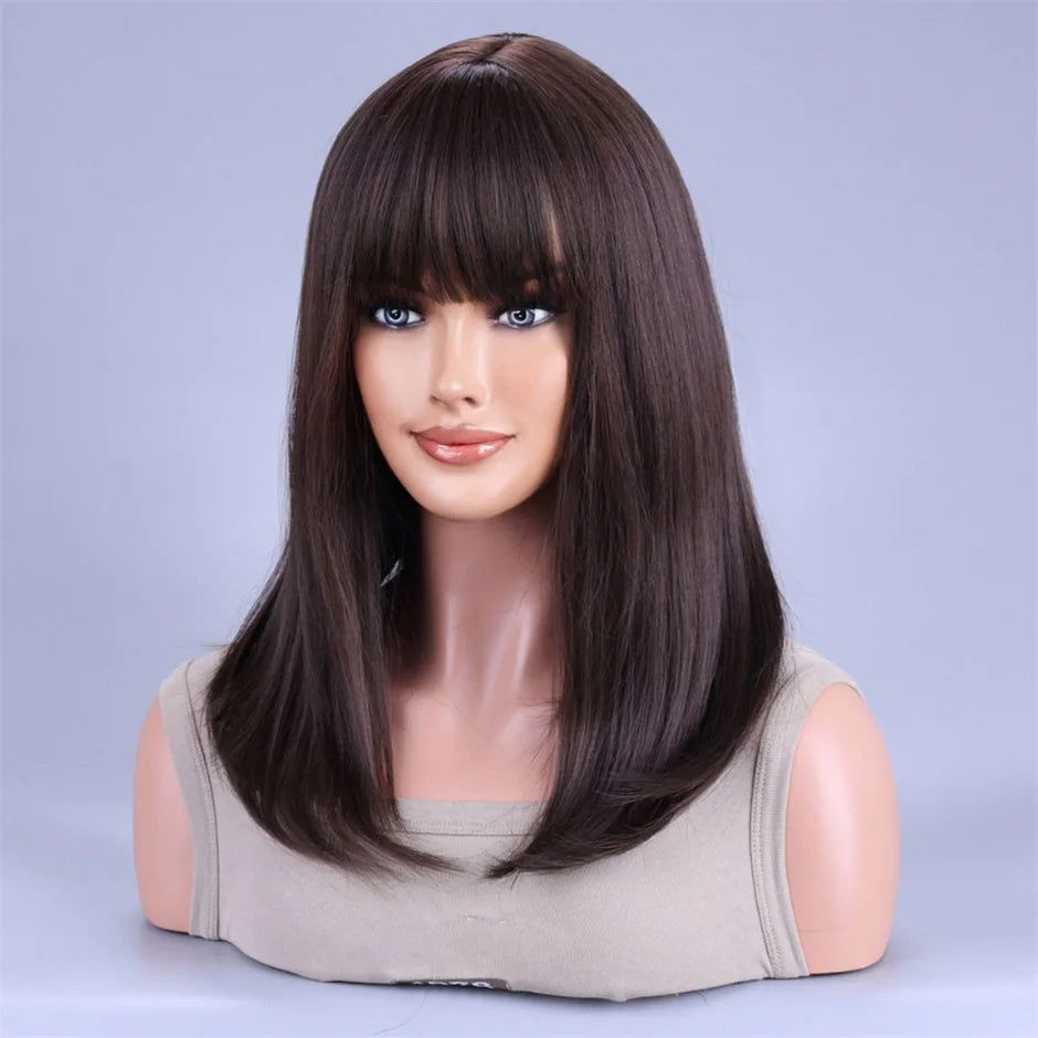 Black Brown Synthetic Wig with Bangs Middle Long Straight Curly Wigs for Women Cosplay Daily Party Heat Resistant Fiber Hair