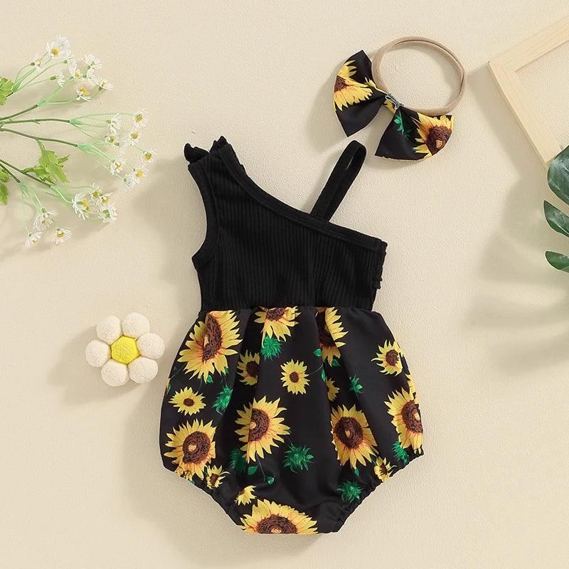 Baby Girl 2 Piece Outfits Sunflower Print Asymmetrical Sleeveless Romper Headband Set Cute Fashion Summer Clothes 0-12M