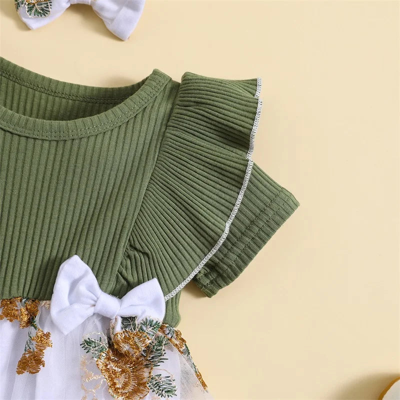 Newborn Baby Girl Romper Dress Flower Embroidery Knit Rib Ruffles Crew Neck Jumpsuit Summer Bodysuit Bow Headband