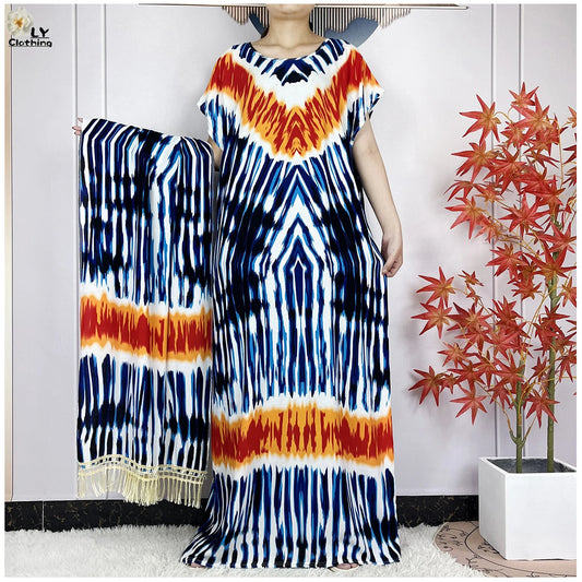 Short Sleeve African Dashiki Tie-dyed Cotton Abaya Caftan Casual Dresses With Big Scarf