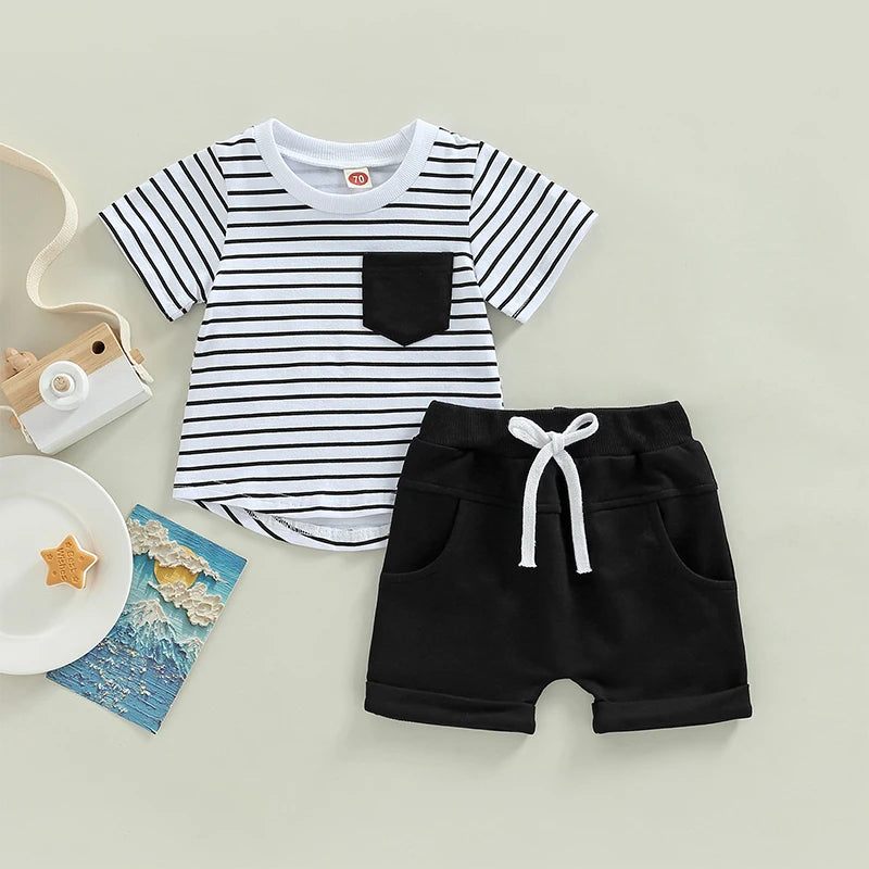 Toddler Baby Boys Summer Clothes Set Short Sleeve Striped T-Shirt Tops Elastic Waist Drawstring Shorts Casual Outfits