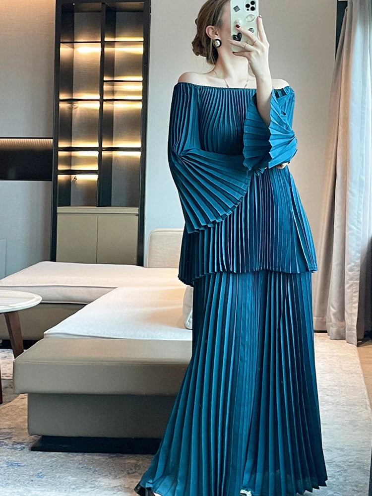 Elegant Pleated Set Women Loose Flare Sleeves Fold Blouse Wide Leg Pants