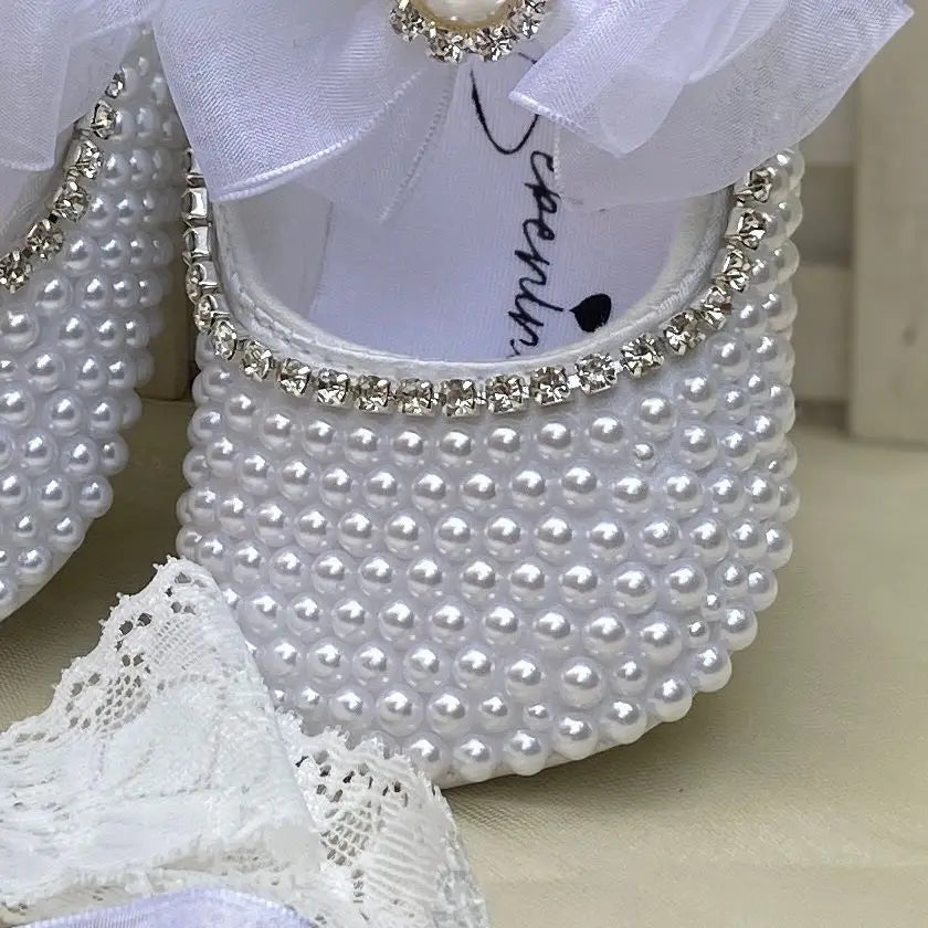 White Pearls Bling Rhinestone Baby Crib Shoes Christening Outfit