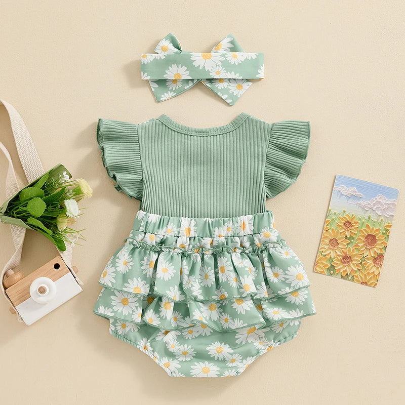 Baby Clothing Girls Hairband Flower Print Bow Patchwork Romper Jumpsuit Summer Newborn Clothes 0-18M