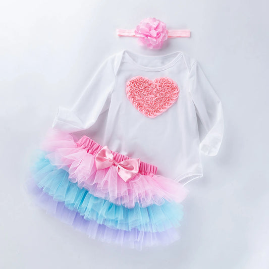 3Pcs Baby Clothes Birthday Outfits 3D Number/Heart O-Neck Long Sleeves Romper + Tutu Skirt + Headband for Girls  0-24 Months