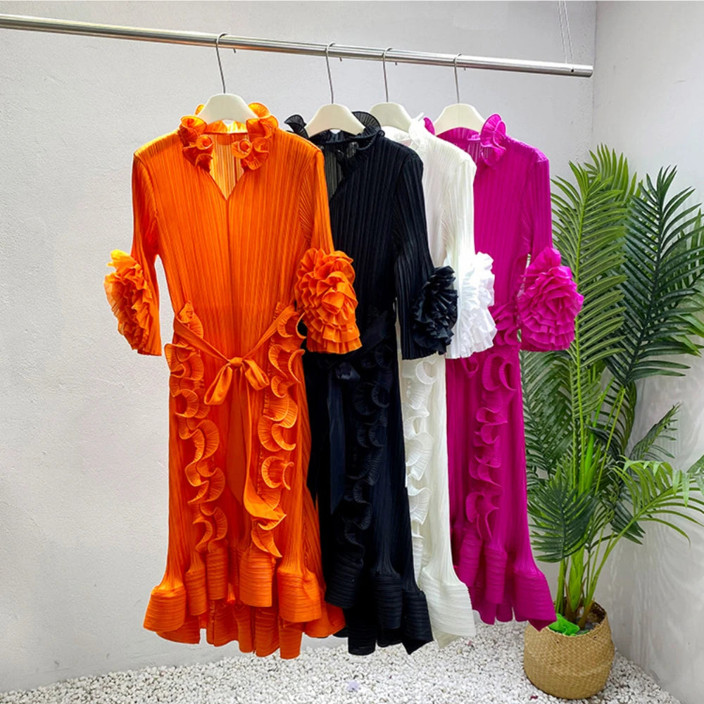 Pleated Fungus Edge Long Dress Summer Fashion Women's Clothing Elegant Medium Long Dress