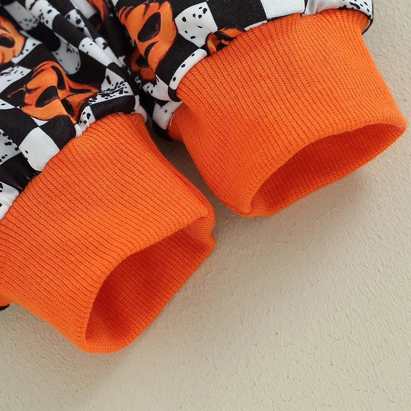 Toddler Baby Boy Clothes Halloween Pumpkin Checkerboard Print Long Sleeve Pullover Elastic Waist Pants 2Pcs Outfit