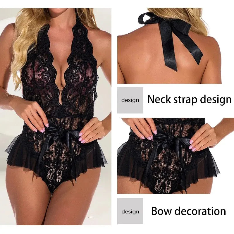 Summer Fashionable and Sexy Deep V-Neck with Backless Lace and Waist Bow Belt for Women's One-Piece Lace Sexy Pajamas