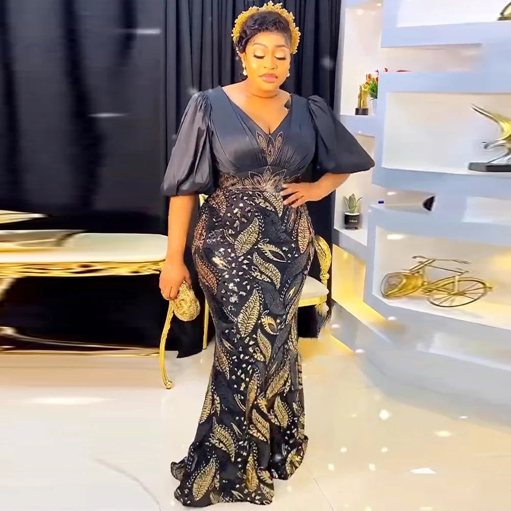 Plus Size Dresses Women Luxury Satin Sequin Maxi Party Evening Dress Black / XXXL Plus Size Dresses Women Luxury Satin Sequin Maxi Party Evening Dress Black / XXXL