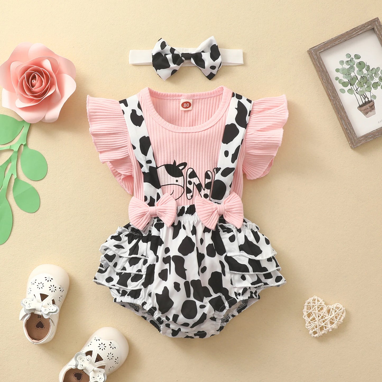 Infant Baby Girls Three Pieces Clothes Outfit, Round Neck Fly Sleeve Tops + Milk Cow Printed Suspender Shorts + Headband