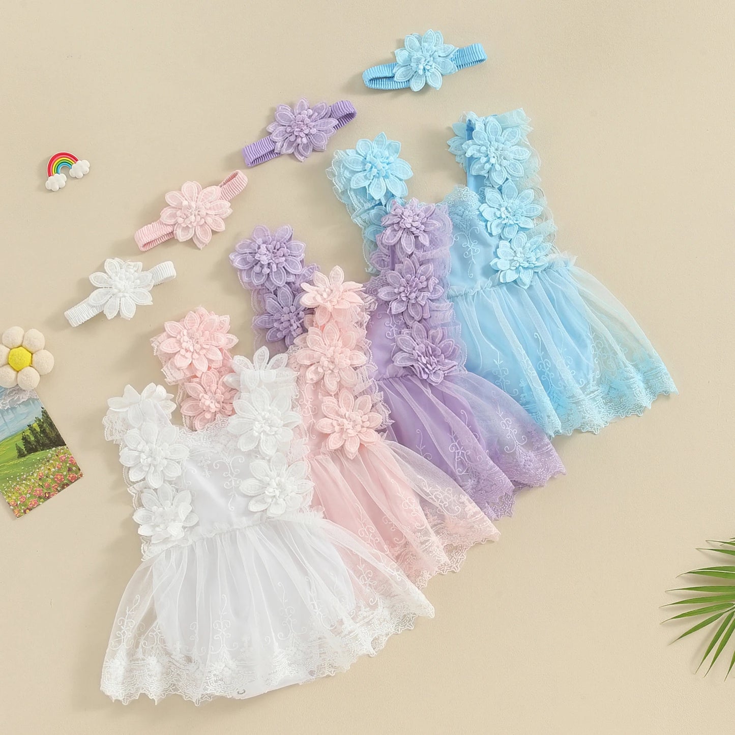 Infant Baby Girl Summer Dress Flowers Decor Ruffle Fly Sleeve Mesh Lace Tutu Bodysuits Dress and Headband Cute Girls Outfit