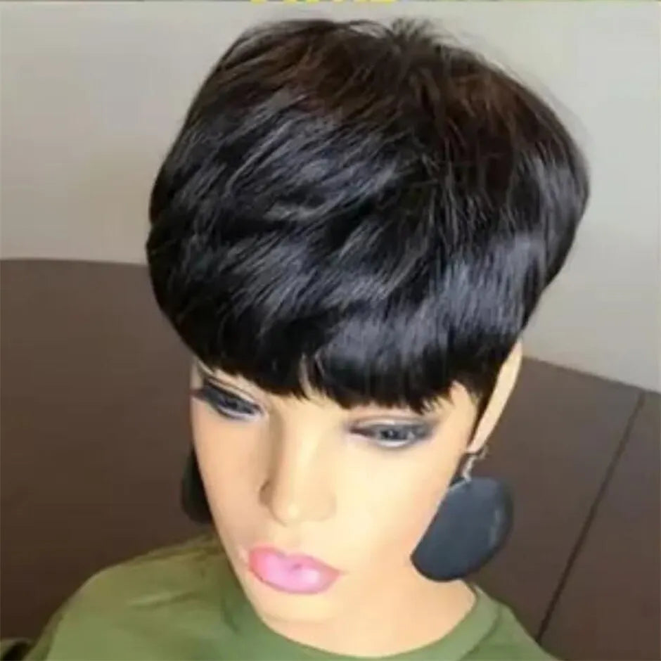 Natural Short Bob Pixie Cut Wigs Short Straight Black Color Bob Pixie Cut Wavy Human Hair Wig With Bangs For Black Women Remy