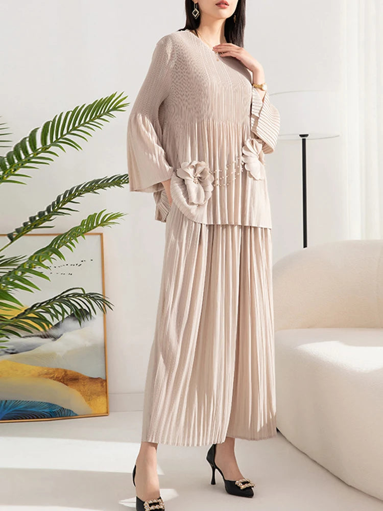 Pleated 2 Pieces Set Women's Spliced Flower Round Neck Long Sleeves Tops High Waist Wide Leg Pants