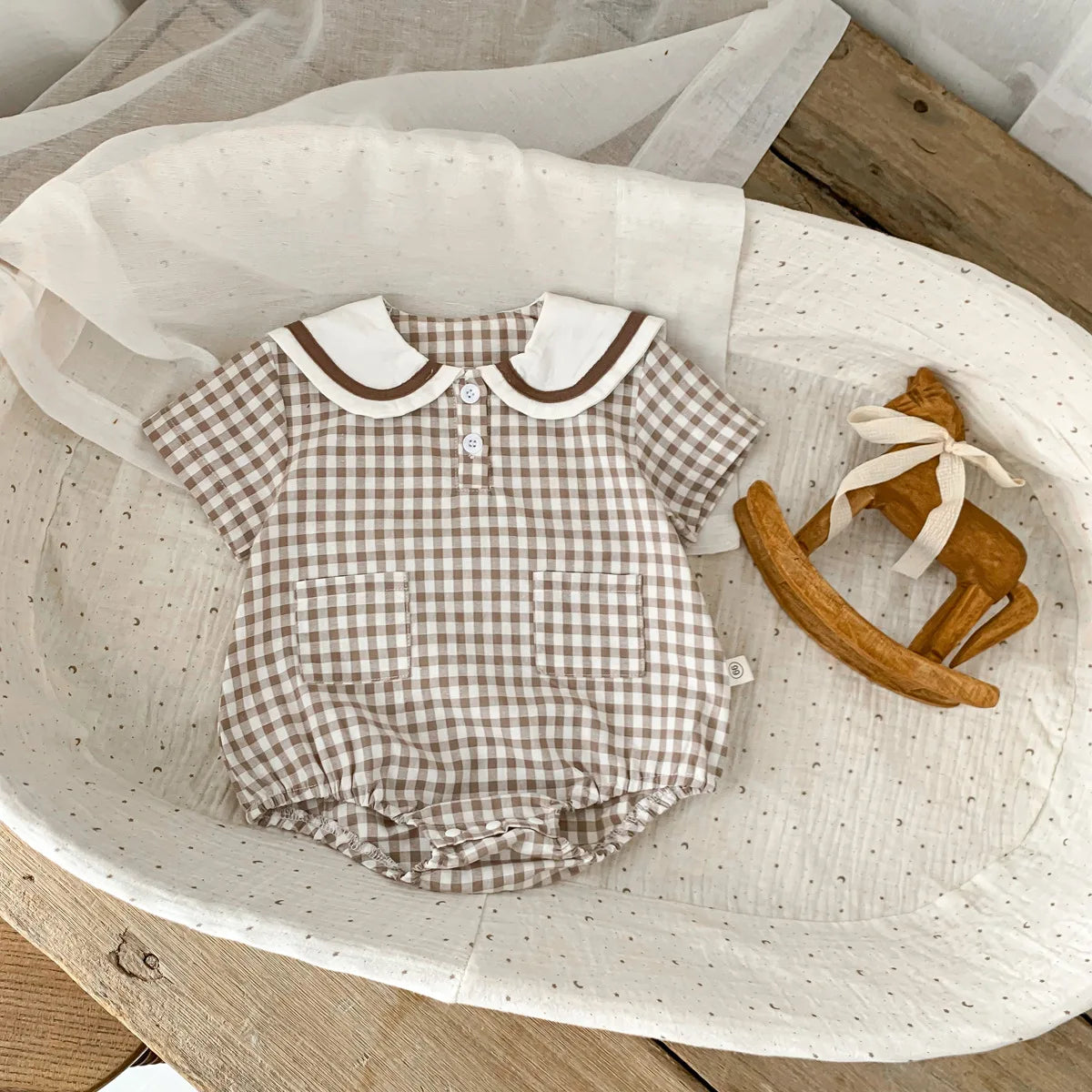 Summer New In Infant Baby Girls Short Sleeve Plaid Bear Outwear Kids Cotton Clothing One-pieces Newborn Cute Bodysuits 유아복