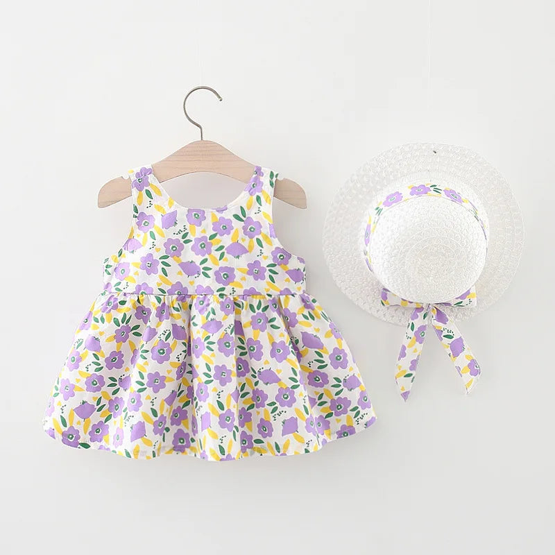 2PCS Summer Outfits Toddler Dresses Newborn Baby Girl Clothes Cute Flowers Sleeveless Cotton Print Princess Beach Dress+Sunhat
