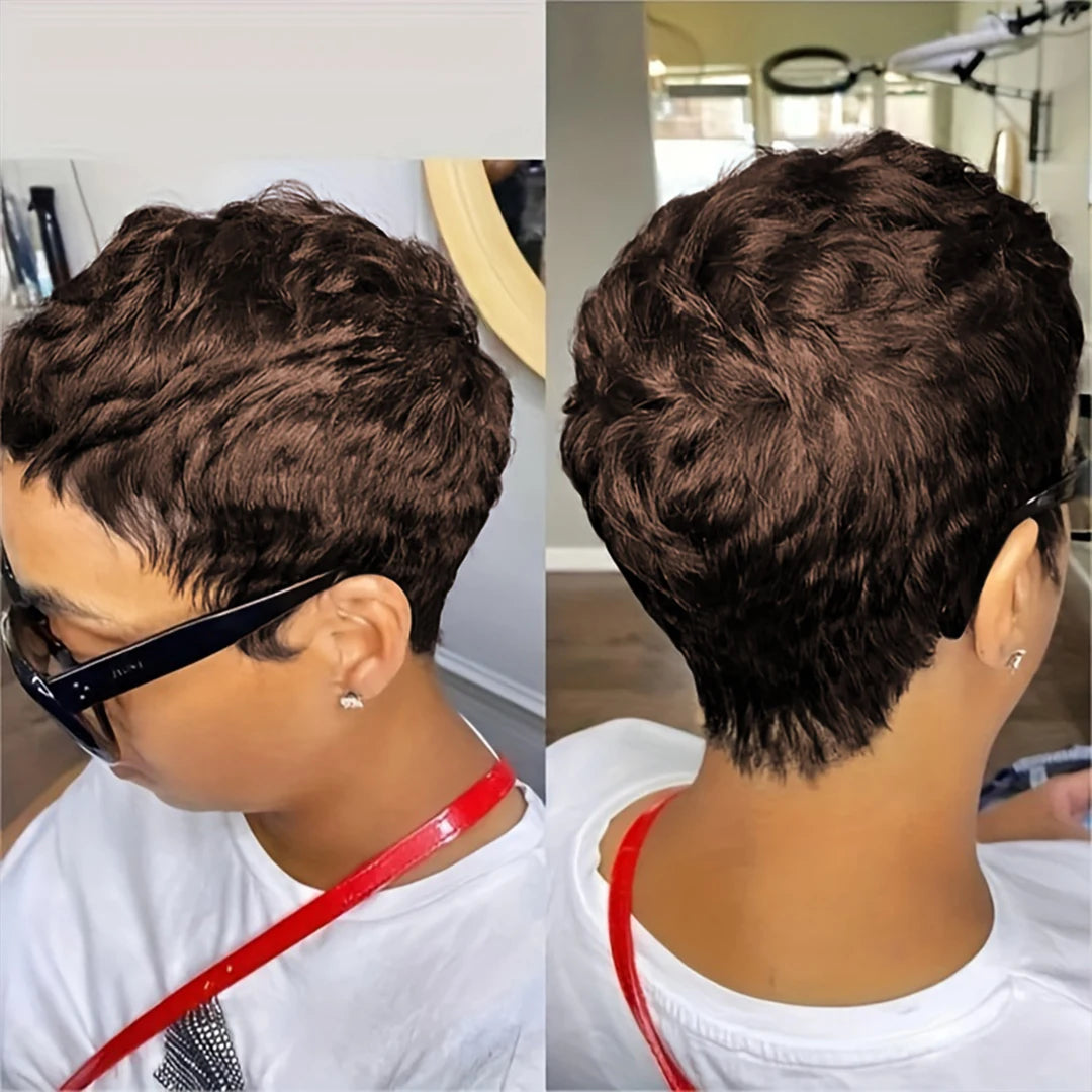 Short Pixie Cut Wig Human Hair For Women Machine Made Wigs With Bangs Colored Wig 180 Density