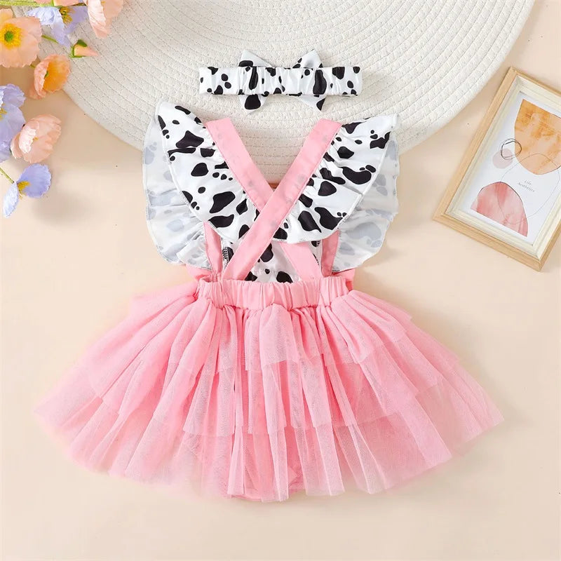 Summer Baby Clothing Girls Romper Dress Flying Sleeve Cow Print Tulle Patchwork Romper with Headband Casual Cute Outfits