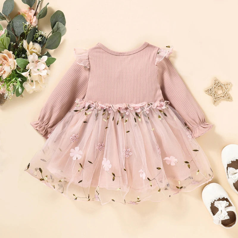 Toddler Baby Girl Autumn Sweet Dress, Long Sleeve Round Neck Flower Embroidered Tulle Patchwork A-Line Dress with Bow 3M-3T