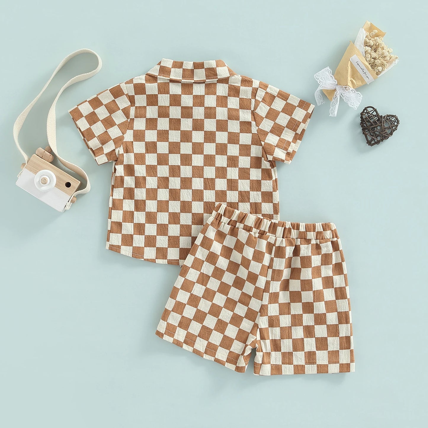 Toddler Baby Boy Clothes Cotton Linen Checkerboard Short Sleeve Button Down T-Shirt Shorts Summer Outfit 2PCS Set