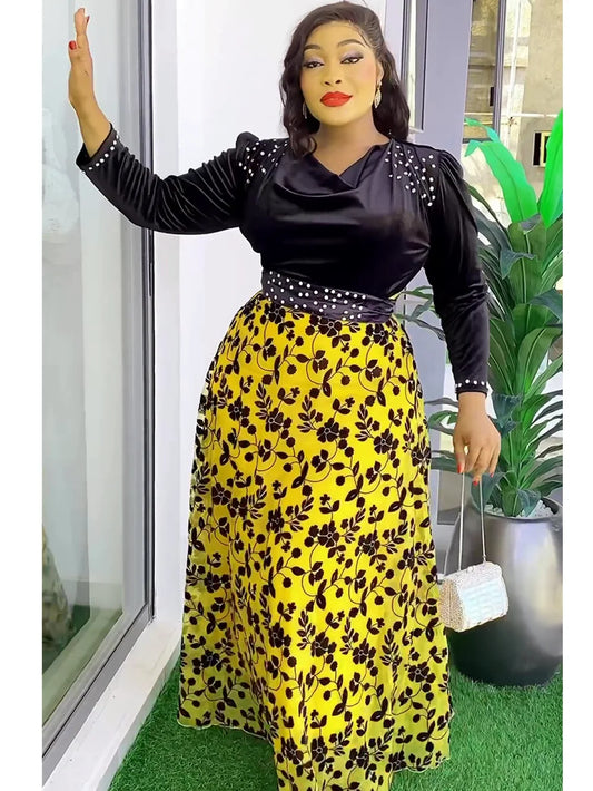 Elegant African Clothes for Women Dashiki Ankara Velvet Outfits Evening Gown Plus Size Lady Wedding Party Long Dresses 2024 New