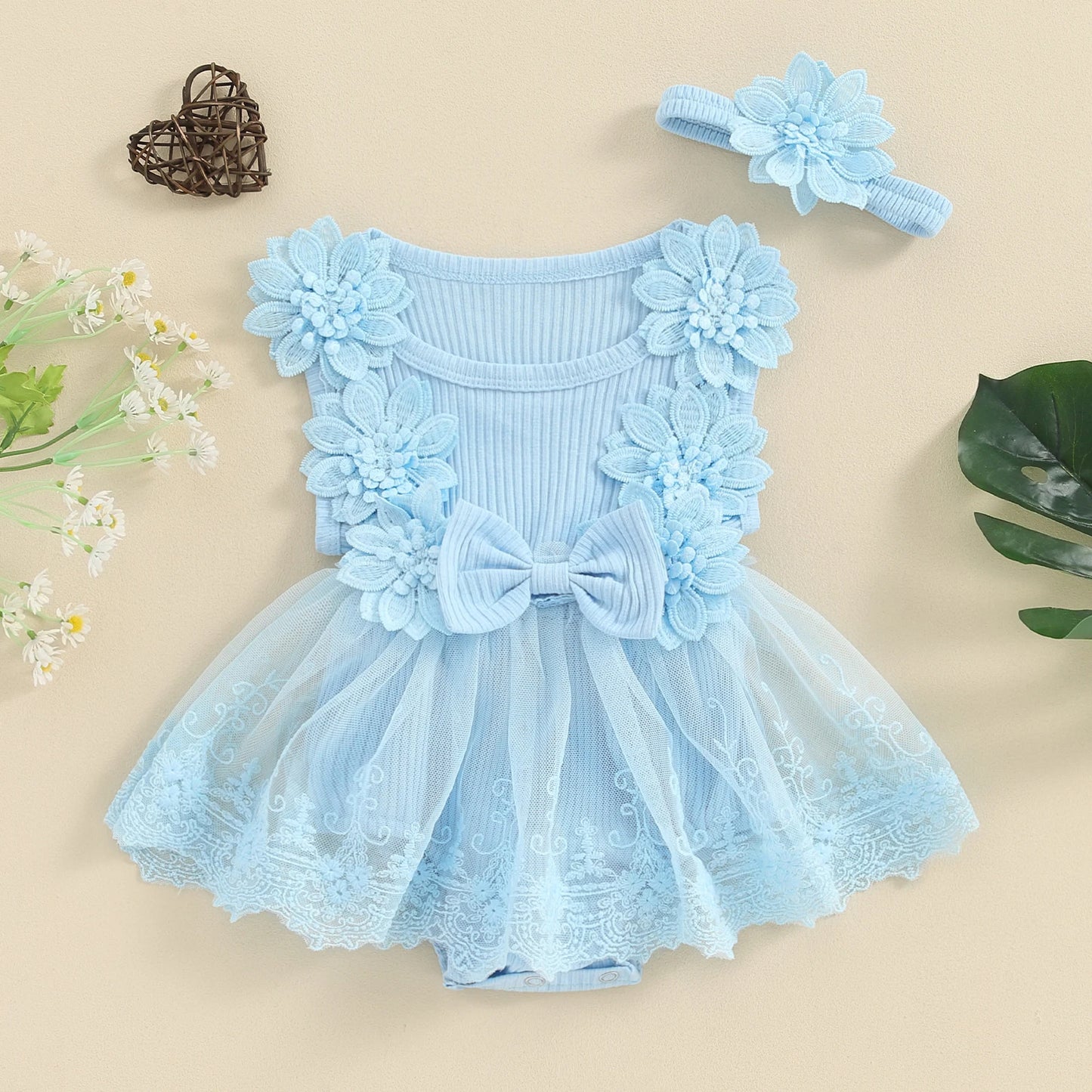 Infant Baby Clothing Girl Summer Outfits Solid Sleeveless Round Neck Tulle Patchwork Lace Floral Romper with Headband