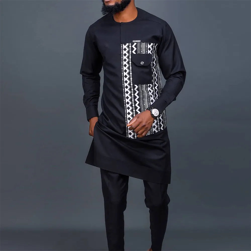 Men's Elegant Long Sleeve Suit Shirt Pants 2-piece Solid Color Party Long Sleeve African Ethnic Style-men suit-Top Super Deals-As Picture 15-M-Free Item Online
