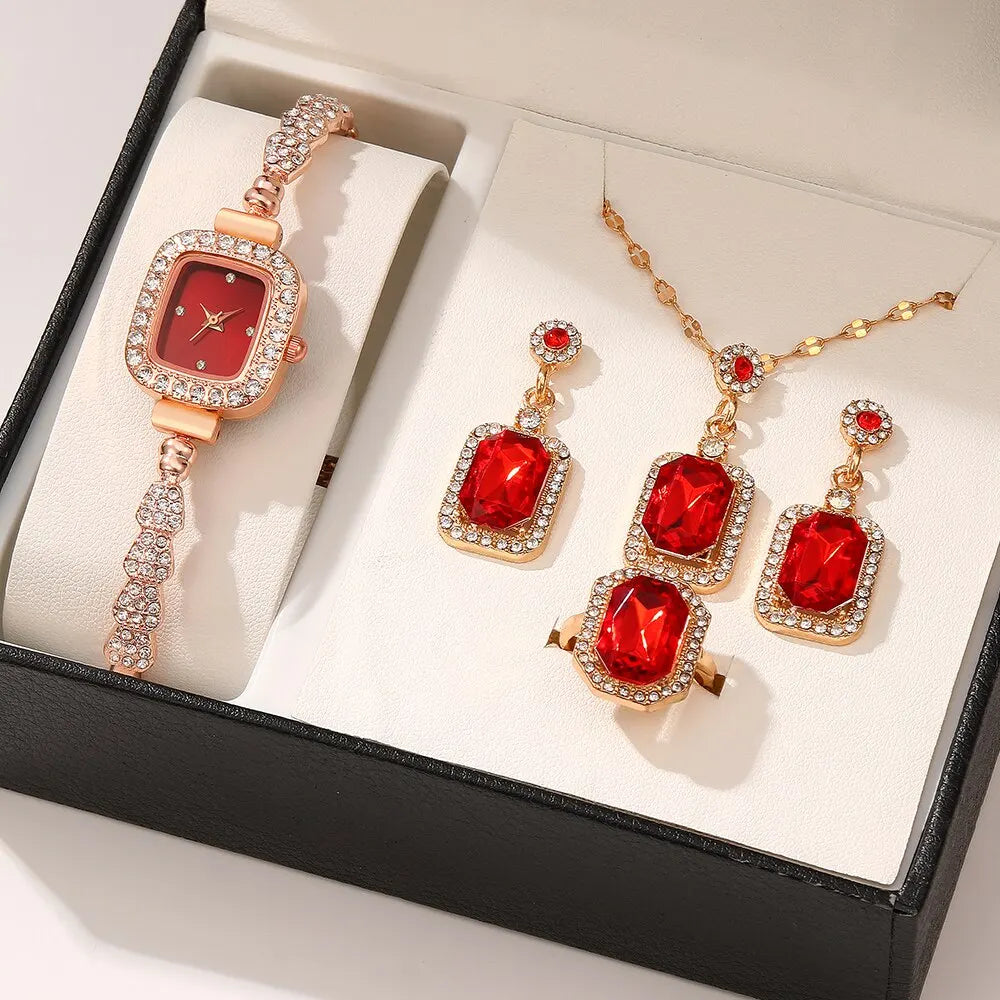 5PCS Set Luxury Square Watch Women Ring Necklace Earring No Box Included