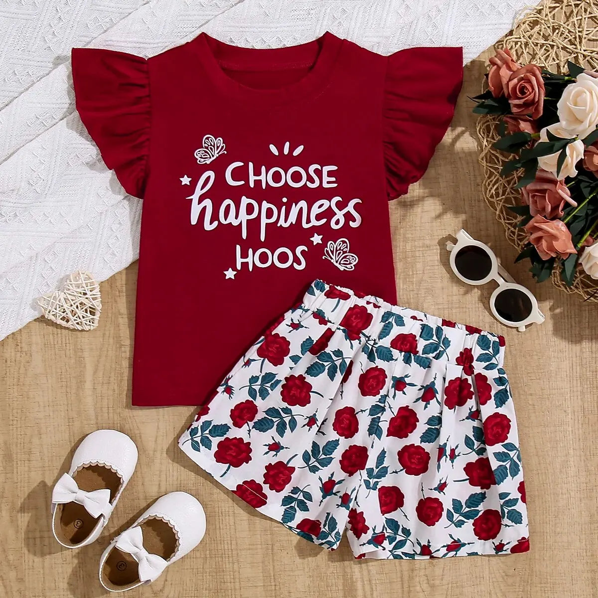 96%Polyester 4%Spandex 100%cotton Girl's Rose Set