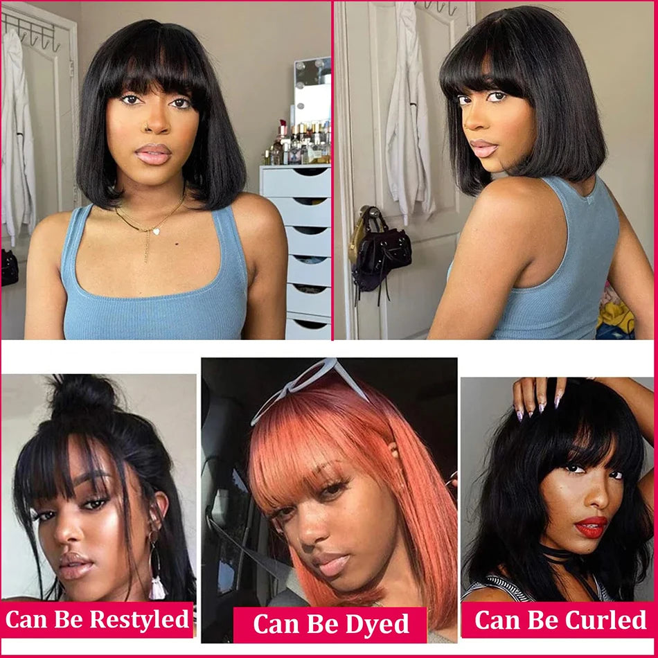 3X1 Middle Part Lace Wig Bob Wigs Full Machine Made Bone Straight Human Hair Wigs With Bangs Short Bob Human Hair Wigs For Women