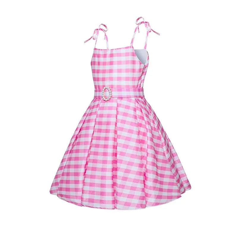 Girl Halter Plaid Pink Princess Pompadour Dress Up Dress Bow Dress Halloween Costume For Kids Birthday Gift