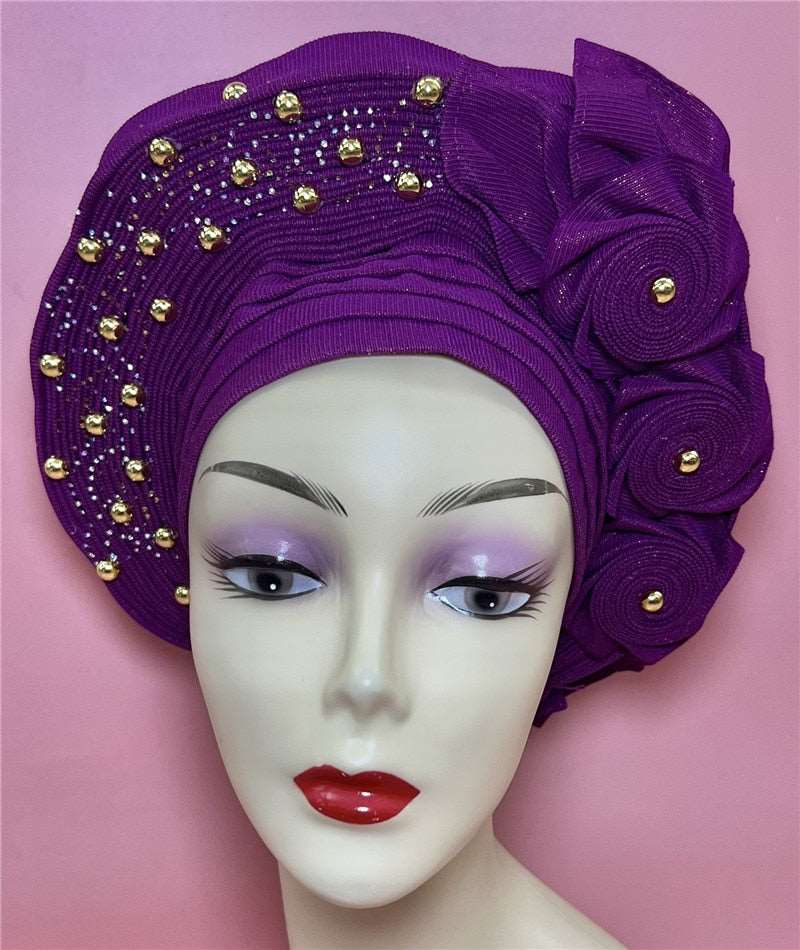 African headtie nigerian gele headties with beads and stones women head wrap sewing fabric for party 1set
