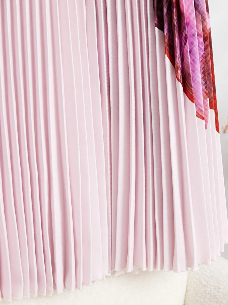 Elegant Pleated 2 Pieces Set Printed Women Pink Long Sleeves Slim Thin Tops High Waist Fold Skirts