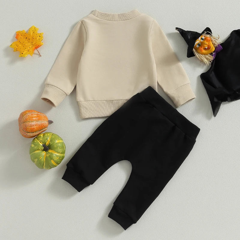 2Pcs Toddler Boys Fall Clothes Set 1st Halloween Outfits Pumpkin Bat Letter Print Long Sleeve Sweatshirts and Long Pants