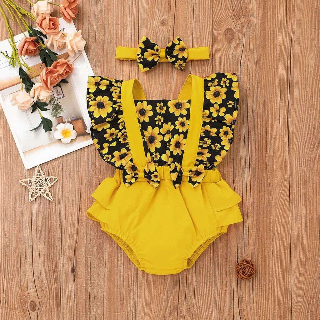 Baby Girl Sunflower Floral Print Splice Yellow Layered Sleeveless Ruffle Romper with Headband Set