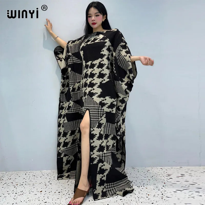 WINYI Retro print Comfort Warm fashion kaftan Holiday dress Elegant Africa Women Boho party winter clothes for women long dress