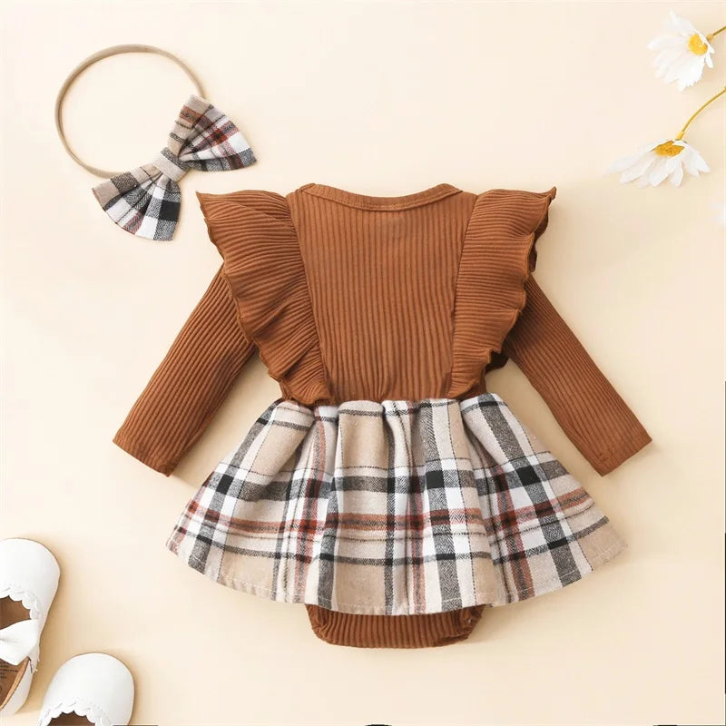 Infant Girl Rompers Dress Plaid Rib Knit Ruffles Long Sleeve Skirt Hem Jumpsuits Newborn Clothes Baby Bodysuits with Headband