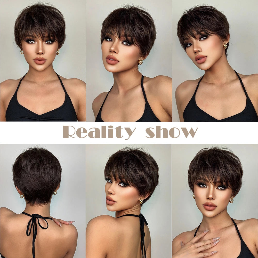 Short Pixie Cut Dark Brown Synthetic Wigs Natural Straight Layered Wig with Fluffy Bangs for Women Daily Heat Resistant Hair