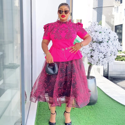 African Dresses for Women 2PCS Sets Tops And Skirts Suits Dashiki Ankara Print Outfits Plus Size Turkey Wedding Party Dress 2025