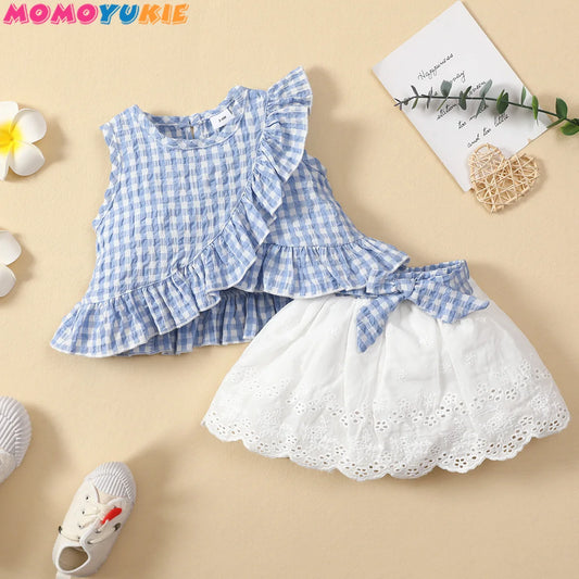 Toddler Baby Girls Clothes Sets ruffless plaid Tops Bow Skirts lace 2pcs